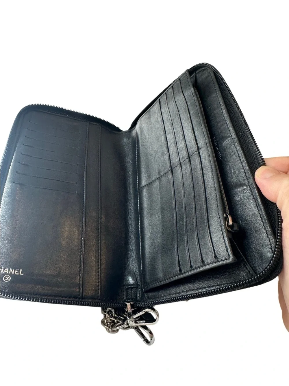 CHANEL Black Quilted Camellia Leather Card Holder with CC Logo